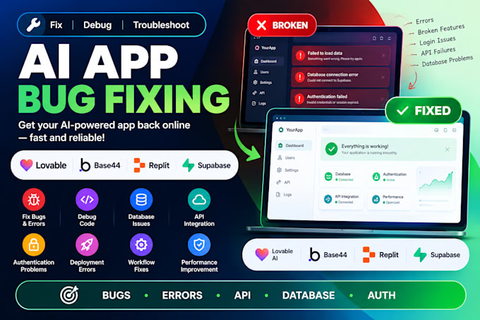 fix, debug, lovable base44 reeplit ai app bugs lovable base44 replit, supabase