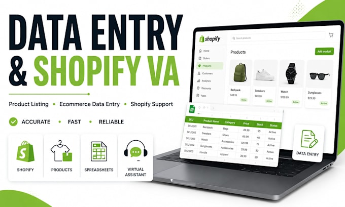 do data entry, shopify data entry, product listing and ecommerce VA