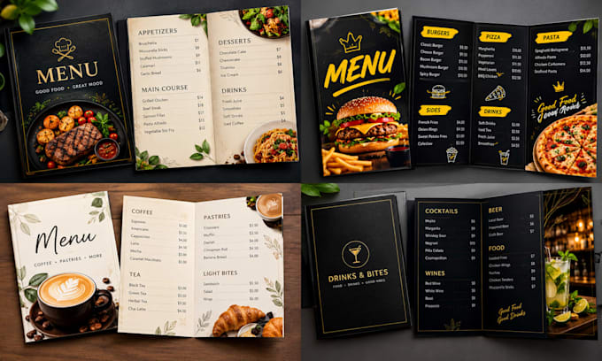design any menu in canva, figma, adobe illustrator, or adobe indesign