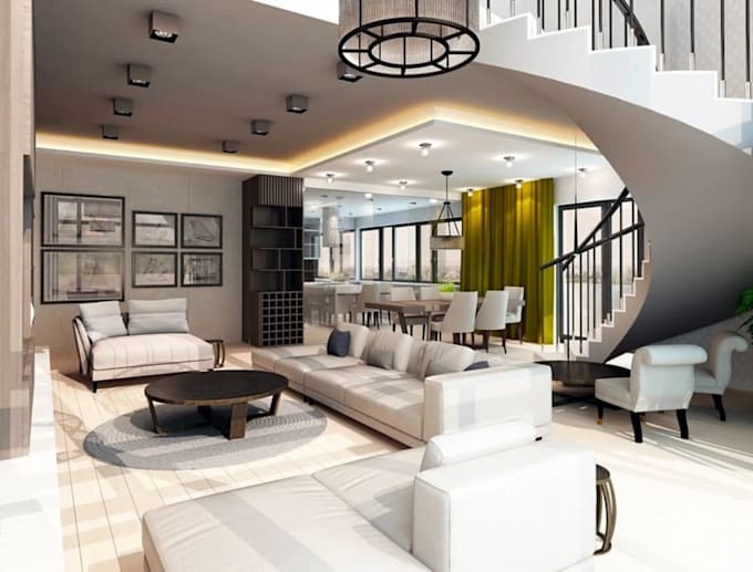 render luxury living room interior, open concept layout, 3d visualization
