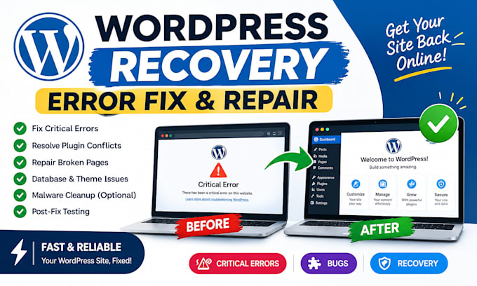 fix wordpress errors recover site, troubleshoot issues, fix bugs and broken page