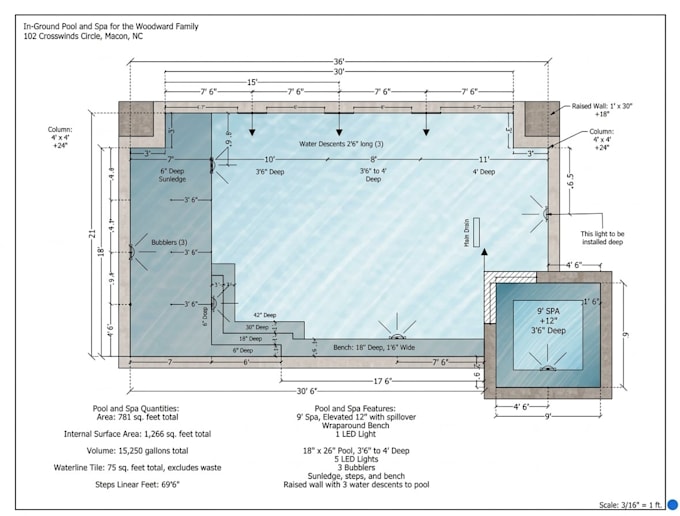 review stamp swimming pool plans, spa, overflow tank, permit ready, spa design
