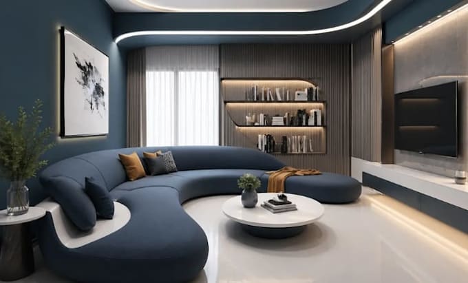 create a modern 3d living room design with realistic render