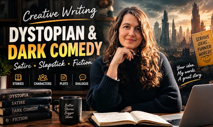 write dystopian slapstick satire dark comedy fictional stories