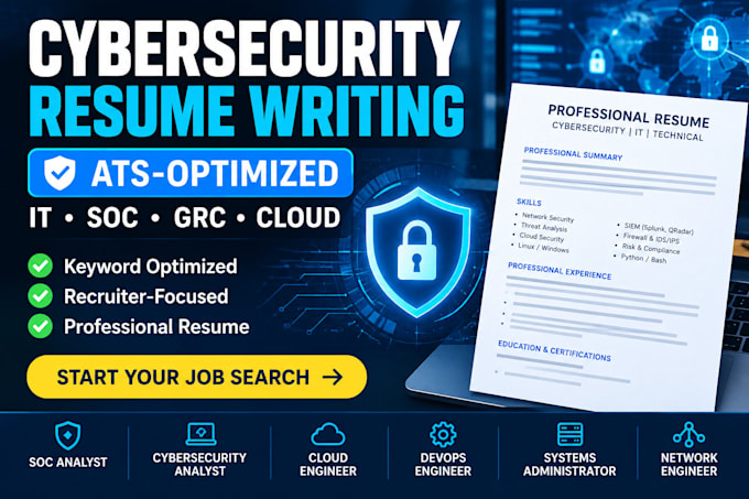 write an ats cybersecurity, IT, soc analyst, and tech resume