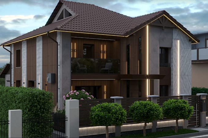 buildup 3d modern duplex house,two story layout,facade cladding,balcony render