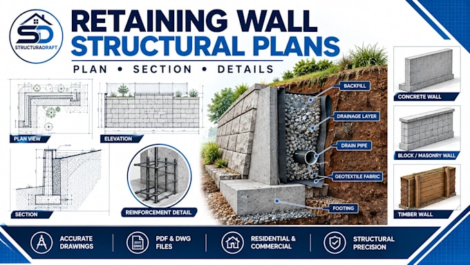 l create retaining wall structural drawings and construction details