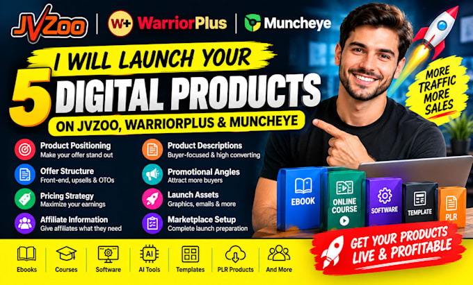launch your 5 digital products on jvzoo warriorplus and muncheye