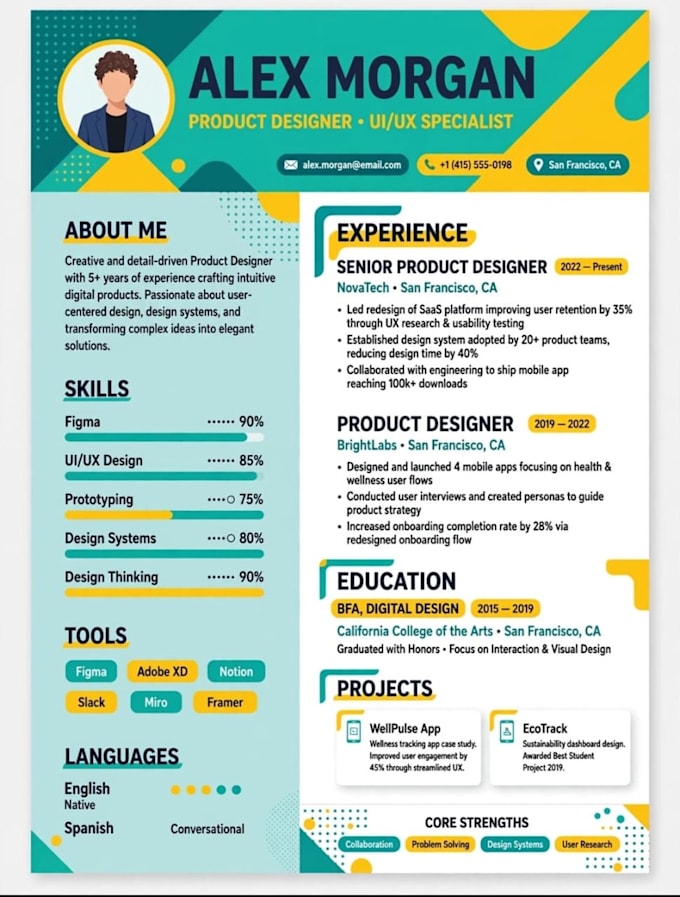 desing a modern and professional resume cv using canva