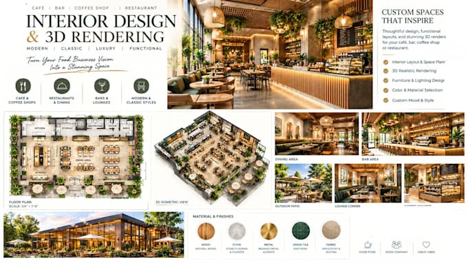 create cafe bar coffee shop restaurant interior design with realistic 3d render