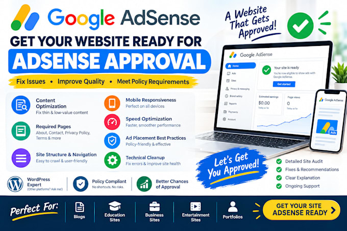 get your website ready and approved for google adsense