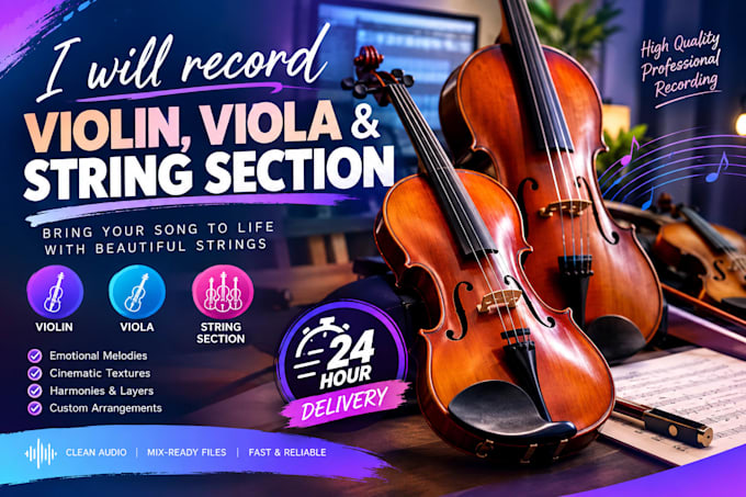 record violin, viola and string section for your song in 24 hours