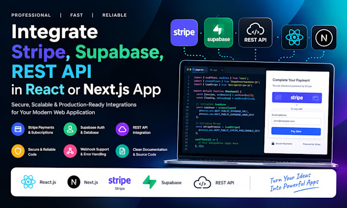 integrate stripe, supabase, rest api in react or nextjs app