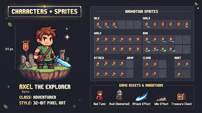 create pixel art game assets, sprites, and characters for your 2d game