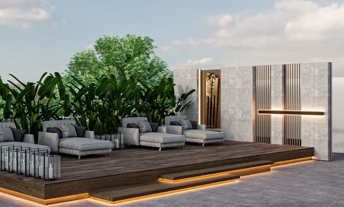 redesign backyard into entertainment area, hardscape design,pergola space render