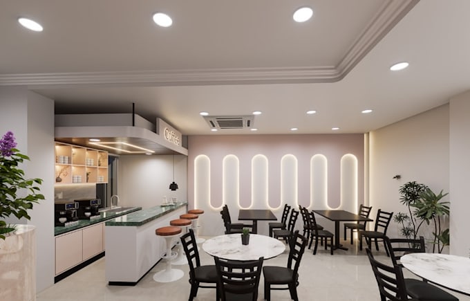 transform cafe layout to interior render,cozy restaurant design, lounge area cgi
