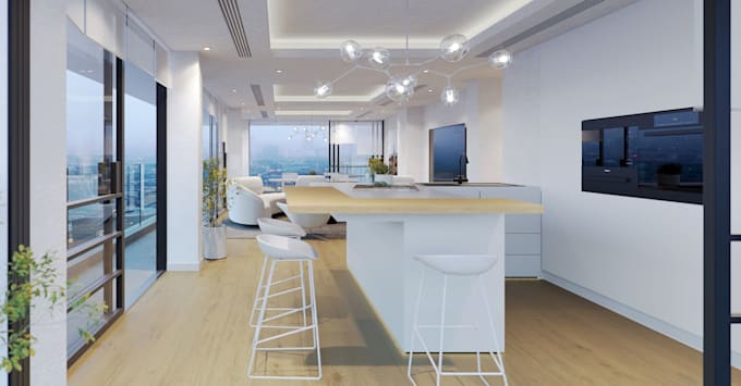 complete penthouse apartment 3d render, on suite bedroom cgi,dining area,kitchen