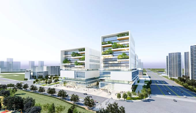 visualize 3d mixed use commercial complex, urban office building, high rise cgi