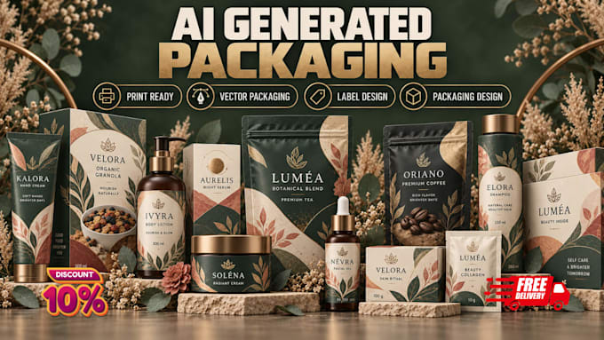 design print ready packaging, boxes, pouches, and labels, ai generated packaging