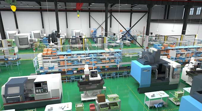 revamp3d factory layout,industrial warehouse interior,manufacturing plant render