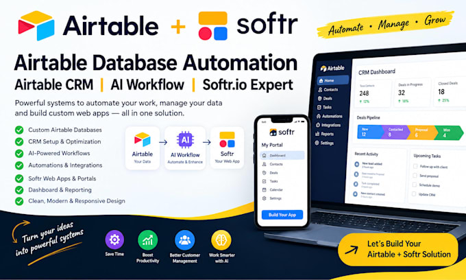 build airtable database automation airtable CRM ai workflow softr io expert