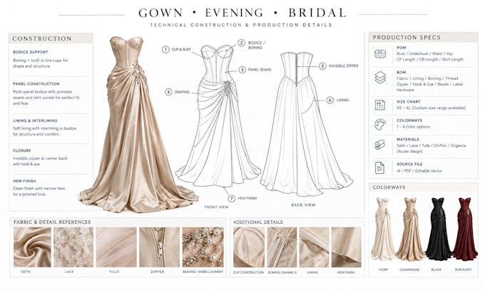 develop a manufacturer ready gown, evening and bridal wear tech pack