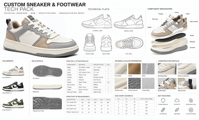 create custom sneaker tech pack with technical flats, bom and manufacturing spec