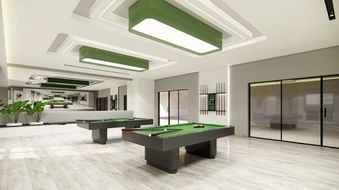 layout 3d minimalist game room,billiard pool table,interior furniture,cgi render
