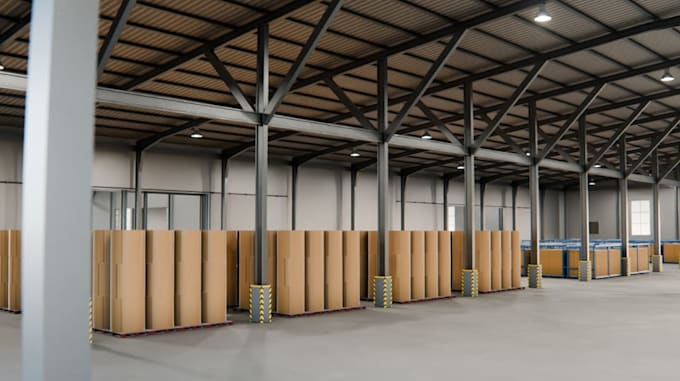 3d industrial warehouse,interior factory,concrete floor,storage facility render