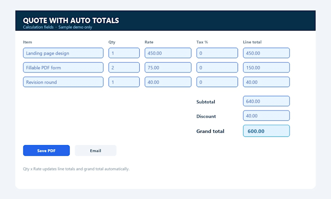 create interactive fillable PDF forms with calculations