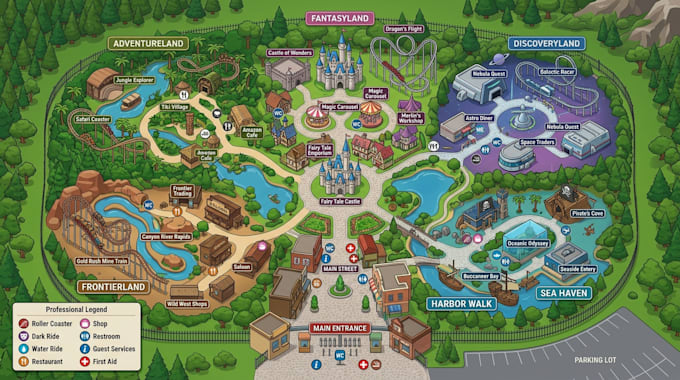 design custom amusement park map, theme park map, tourist and visitor guide map