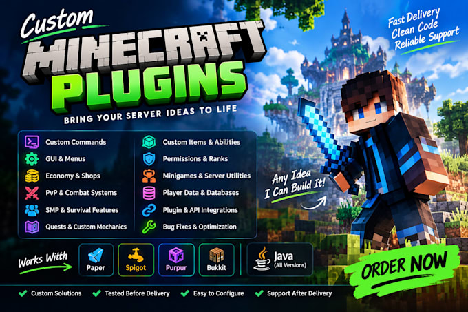 develop custom minecraft plugins for paper, spigot, purpur, bukkit, smp, java