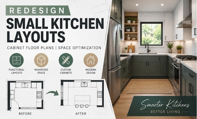 redesign small kitchen layouts, cabinets floor plans space optimization