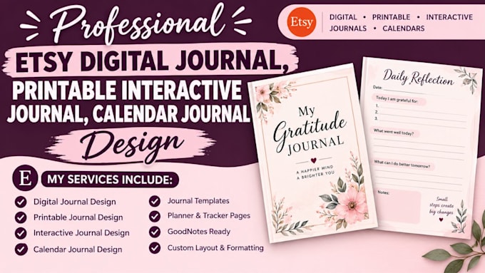 do etsy digital journal,  printable interactive journal, calender journal design
