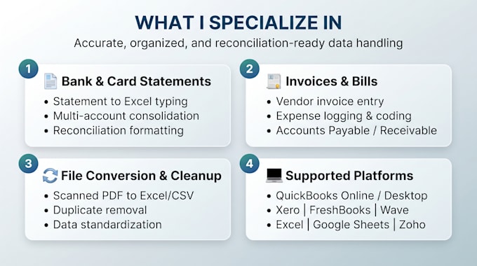 do accurate financial data entry, bank statement typing, and bookkeeping support