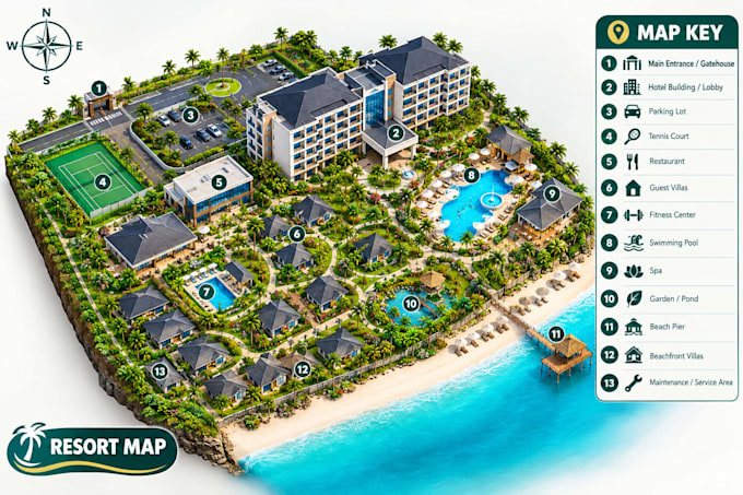 do isometric hotel map, campus map, city map, wayfinding map, resort map