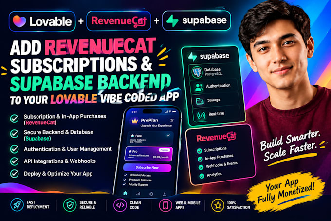 add revenuecat subscription and supabase backend to your lovable replit rork app