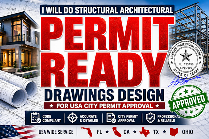 do structural architectural drawings design for usa city permit approval