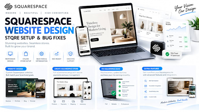 do squarespace website design, create squarespace store, fix squarespace bugs