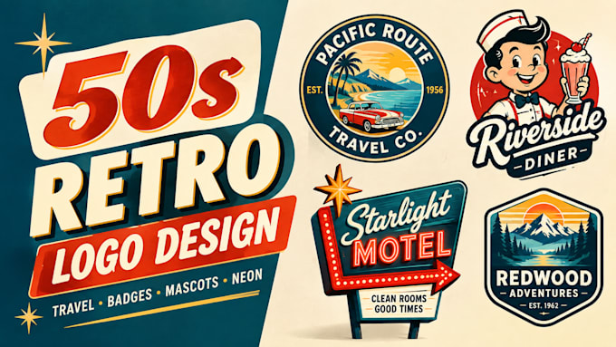 design 50s style retro travel logo, neon sign, vintage badge and retro mascot