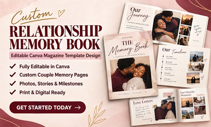 do editable canva custom magazine template design for relationship memory book