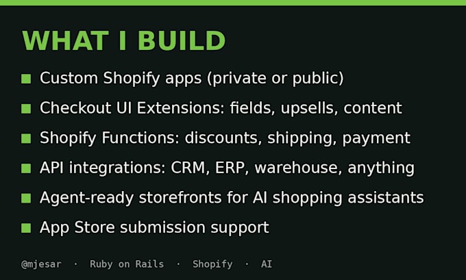 build custom shopify apps, checkout extensions, and API integrations