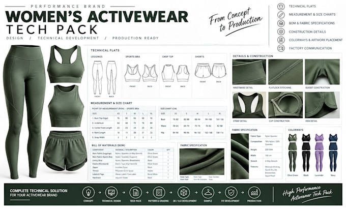 create factory ready womenswear tech pack with technical flats and bom