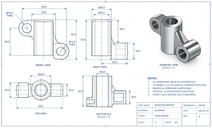 create engineering drawing, mechanical drawing,2d cad drawing, technical drawing