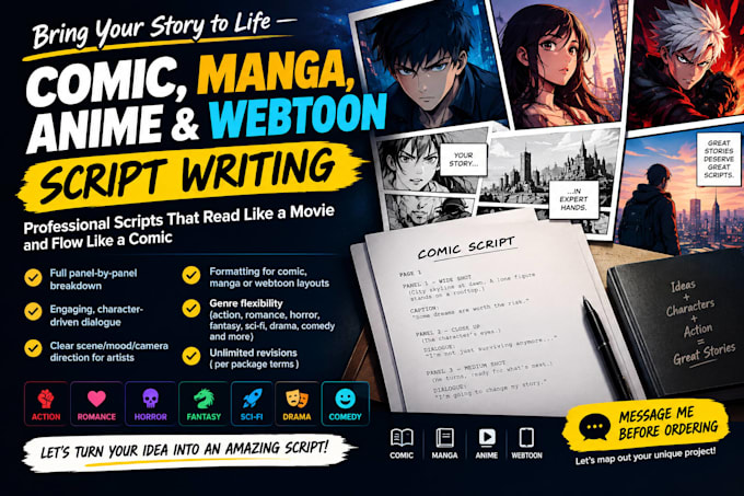 write a professional comic book script, manga, or webtoon
