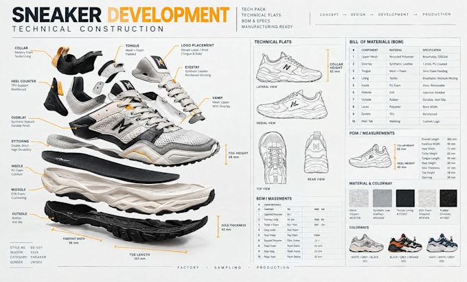 create a manufacturer ready sneaker tech pack with flats, bom and specs