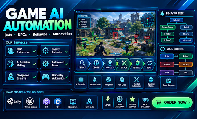 develop game ai bots, npc systems and automation for unity and unreal engine