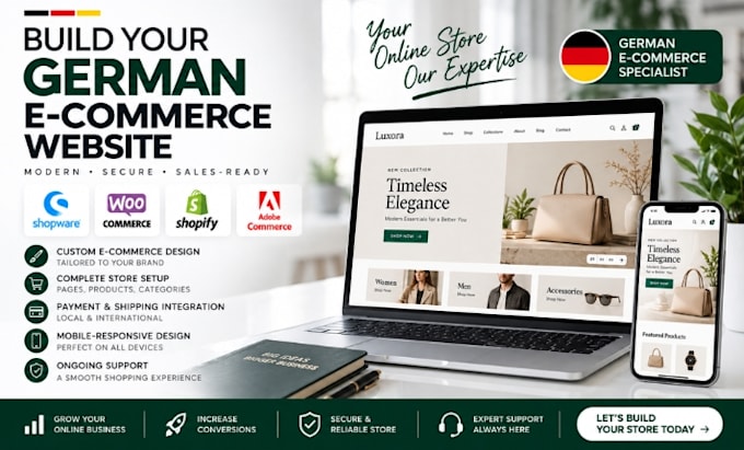 build german ecommerce website, shopware, woocommerce shopify adobe commerce