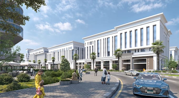 produce exterior visualization for commercial property, mixed use complex render