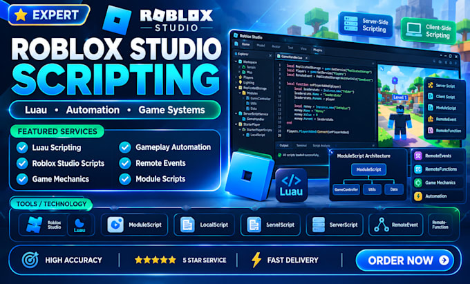 build roblox studio scripts, luau automation, game ui gui and game testing tools
